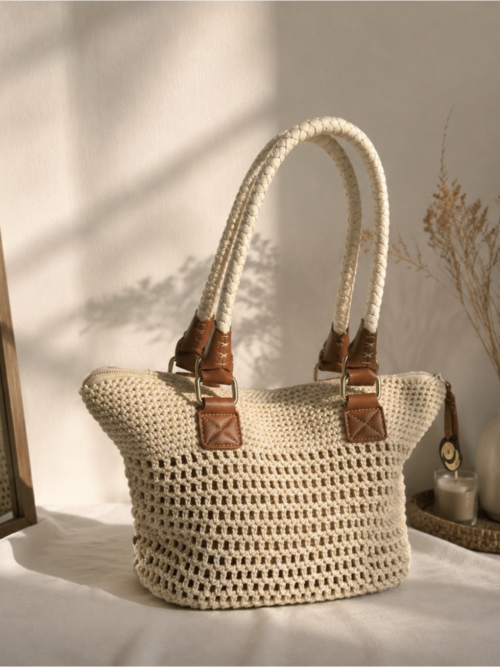 The Sak Cream Crochet Shoulder Bag with Brown Accents